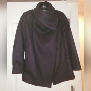 All Saints Women's Eggplant & Black Wool Coat with Zippered Collar